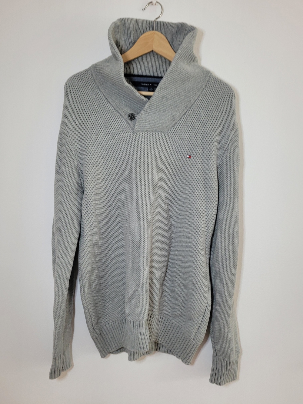 Tommy Hilfiger Gray Knit Sweater Shawl Collar Pima Merino Wool Size Large